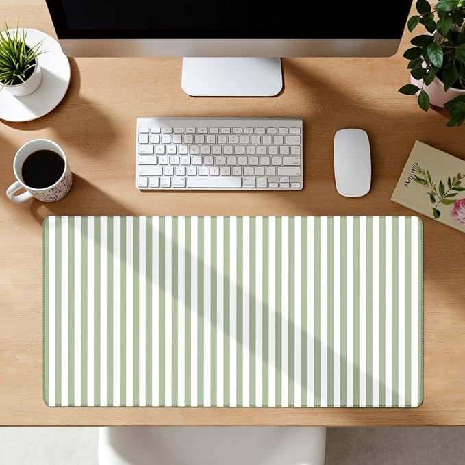 Sage Green Striped Desk Mat Cute Pastel XXL Large Gaming Mouse Pad Desk Pad - Image 3