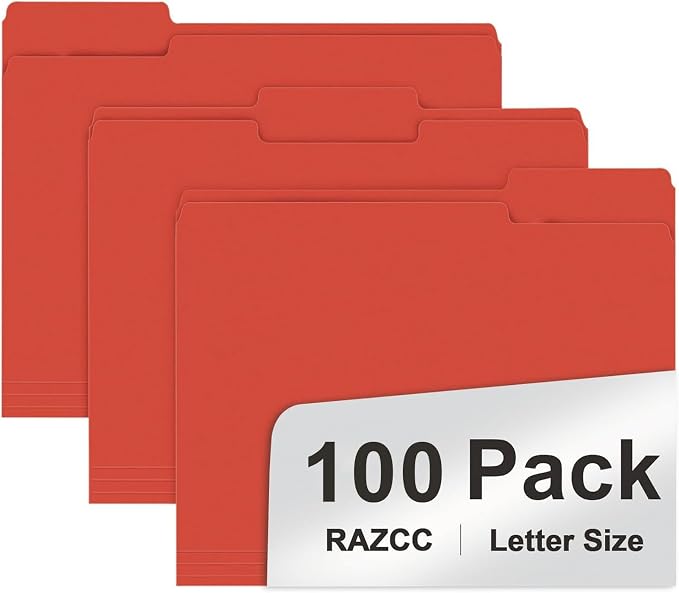 File Folder, RAZCC 100 Pack 1/3 Cut Tab File Folders Letter Size, Folders by RAZCC