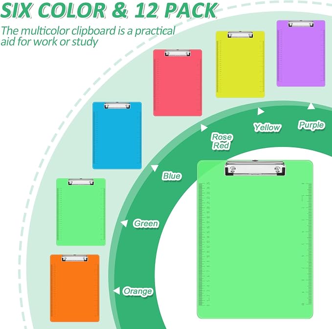 Plastic Clipboards, PANDRI 12 Pack Clear Colored Clipboards, Low Profile Clip - Image 3
