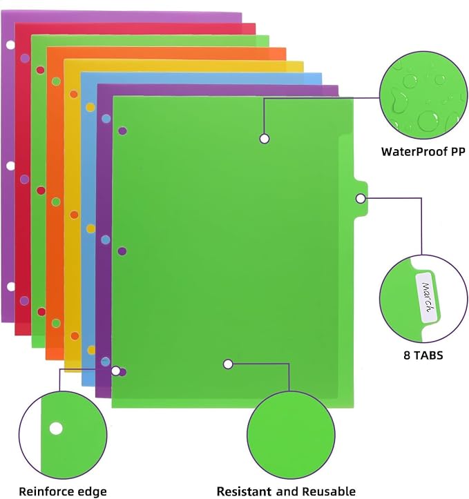 Colorful Binder Dividers with Tabs, Plastic Index with 8-Tabs, - Image 2
