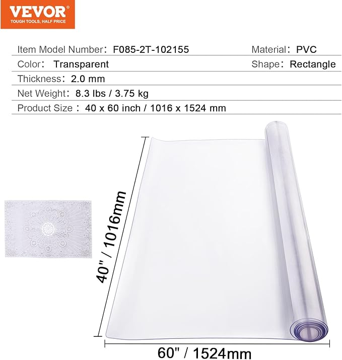 VEVOR Plastic Table Cover, 40 x 60 Inch 2.0 mm Thick Clear PVC Table Protector - Image 7