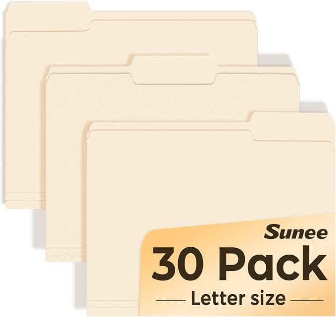 SUNEE File Folders, 30 Pack Manilla Folders 8.5 x 11, 1/3 Cut Tab by SUNEE