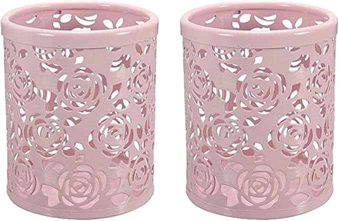 2 Pack Hollow Rose Flower Pattern Metal Pen Pencil Pot Cup Holder Desk - Image 5