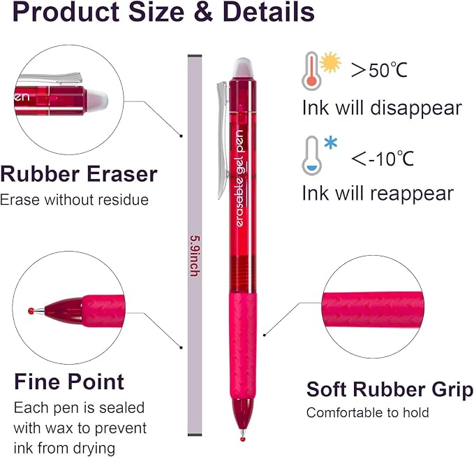 Lineon Erasable Gel Pens, 15 Colors Retractable Fine Point Erasable Pens Clicker - Image 2