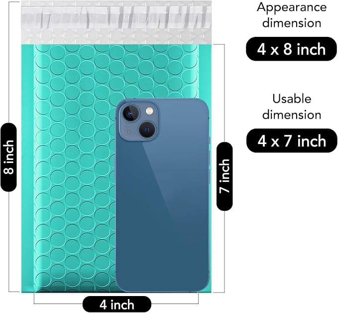 Fuxury Small Bubble Mailers 4x8" 100 Pack, Teal Bubble Mailer, Self Seal Padded - Image 2