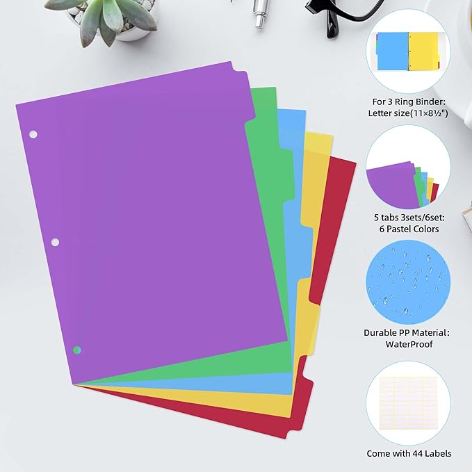 3 Set Dividers for 3 Ring Binders, 5 TAB Binder Dividers - Image 4