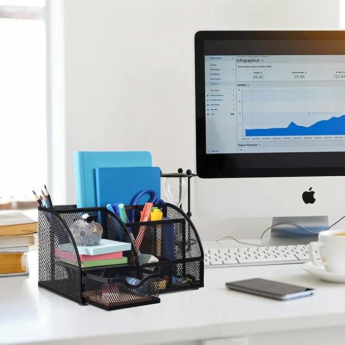 Comix Mesh Pen Pencil Holder Desk Organizer, 7 Compartment Wire Desktop Pen - Image 5