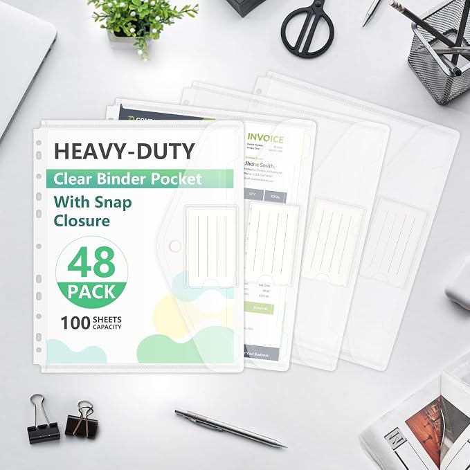 HOUYEE 48 Pack Clear Binder Pocket, 11 Holes Heavy-Duty Plastic Binder Pouch - Image 6
