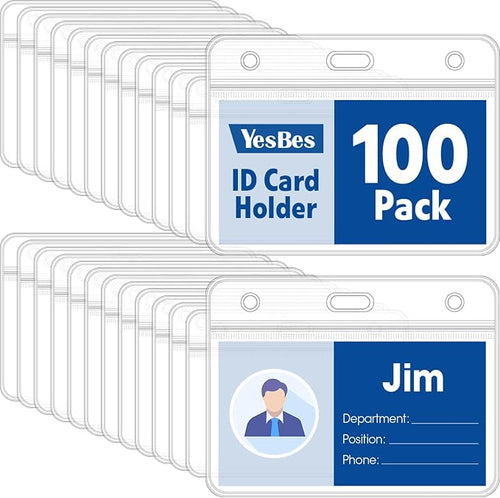 100 Pcs Horizontal Badge Holders, Extra Thick ID Card Name Tag Badge Holder by YesBes