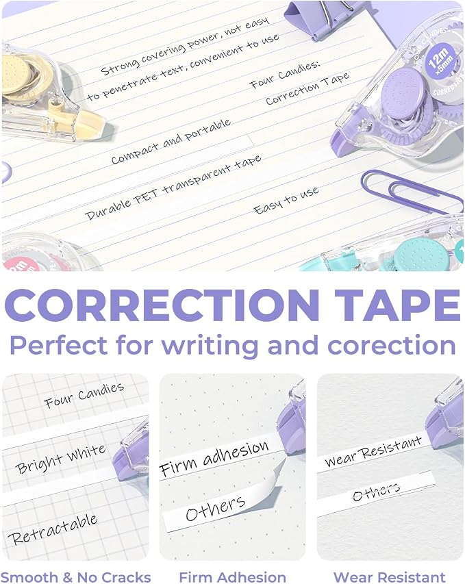 Four Candies White Correction Tape, 39.4 Feet, 12 Pack Easy to Use Applicator - Image 2