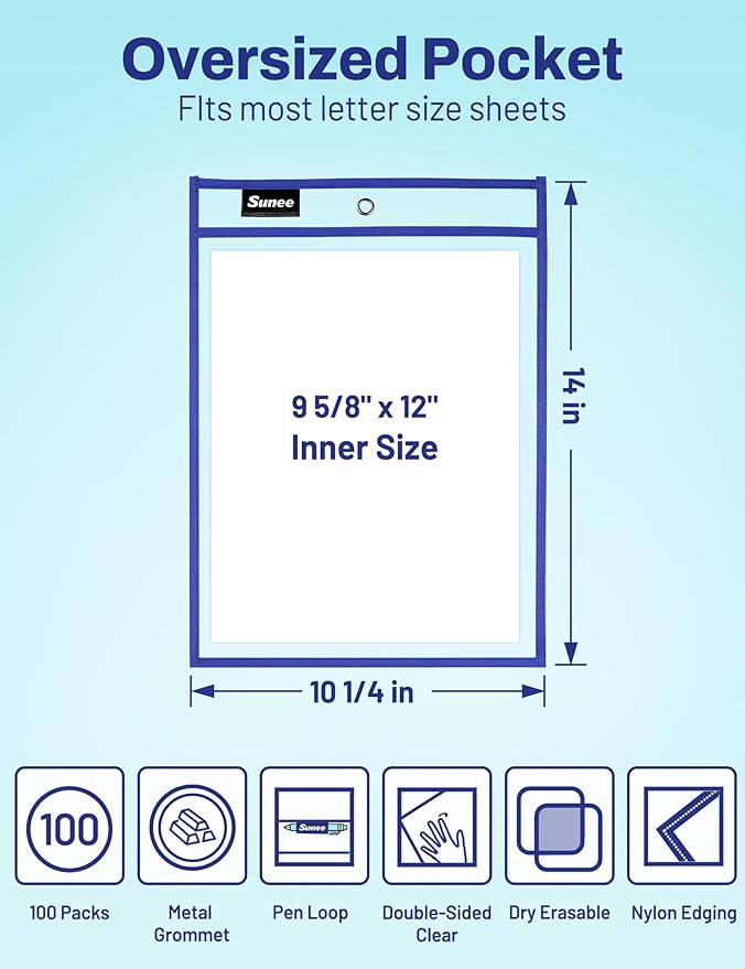 SUNEE 100 Packs Oversized Reusable Dry Erase Pocket Sleeves - Image 2