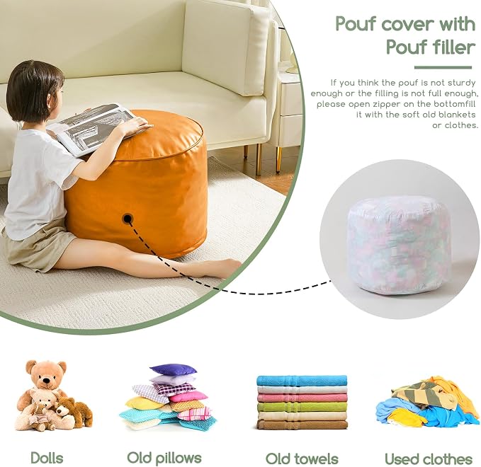 HIGOGOGO Round Stuffed Pouf Ottoman, Pu Leather Poufs - Image 5