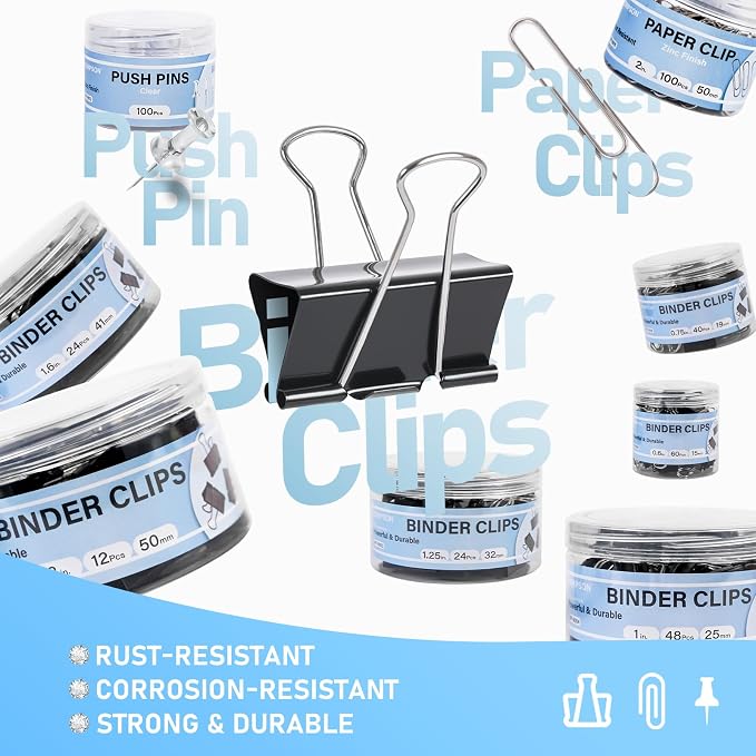408 PCS Binder Clips Paper Clamps Assorted Sizes and Push Pins, Binding - Image 2