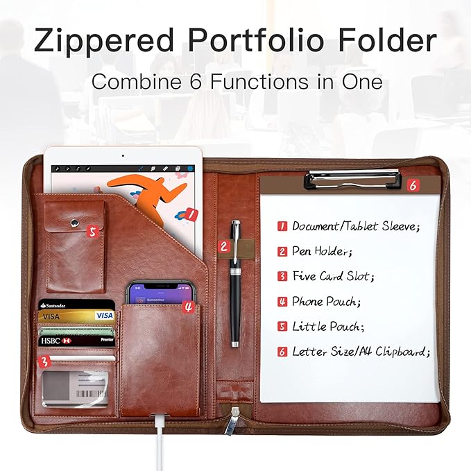Zippered Padfolio Organizer, WRIYES Leather Planner Binder, 10.2 Inch Portfolio - Image 2
