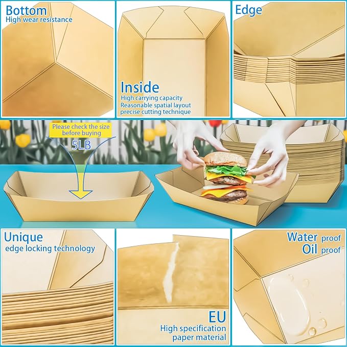 125 Pack 5LB Extra Large Paper Food Boats Trays Disposable Paper Boat Plate - Image 3