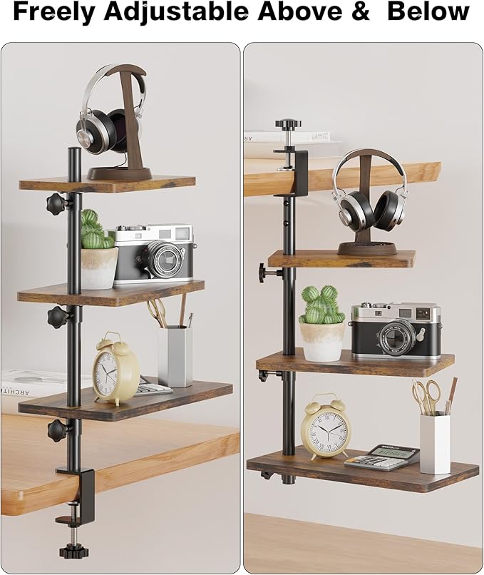 3 Tiers Clamp On Desk Shelf, 360° Angle Adjustable Desktop Shelf Organizer - Image 7