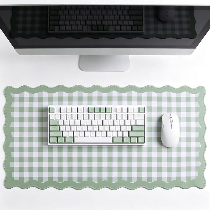 yuboo 31"×15.7" Scalloped Sage Green Gingham Washable Pastel Desk Mat Vintage by yuboohomedecorations