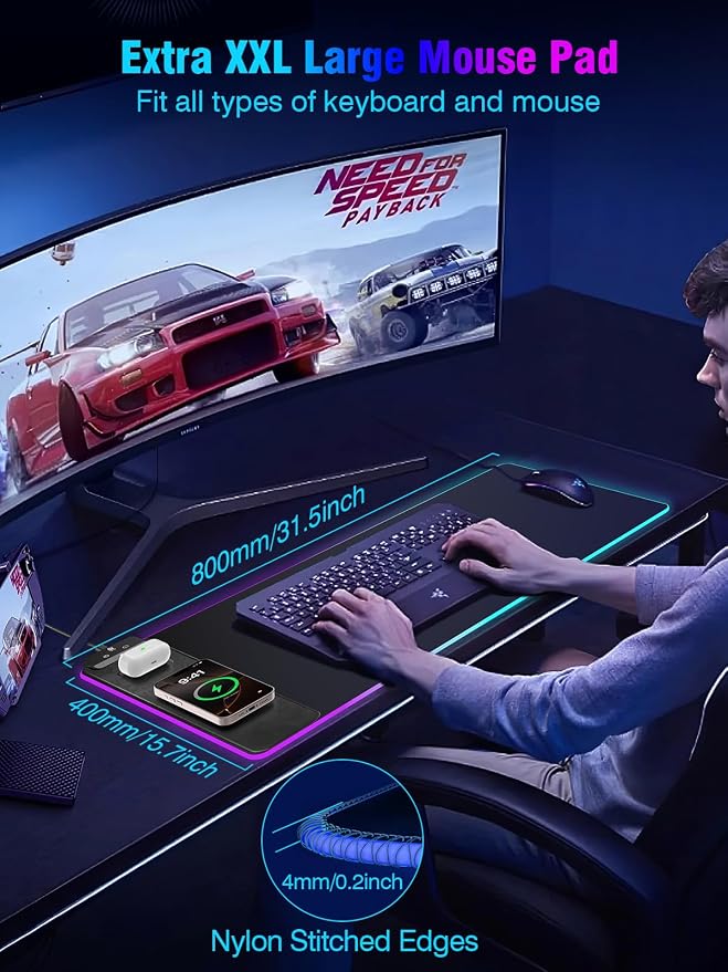 Mouse Pad with Magnetic Wireless Charging, Large Desk Pad Protector, RGB Black - Image 5
