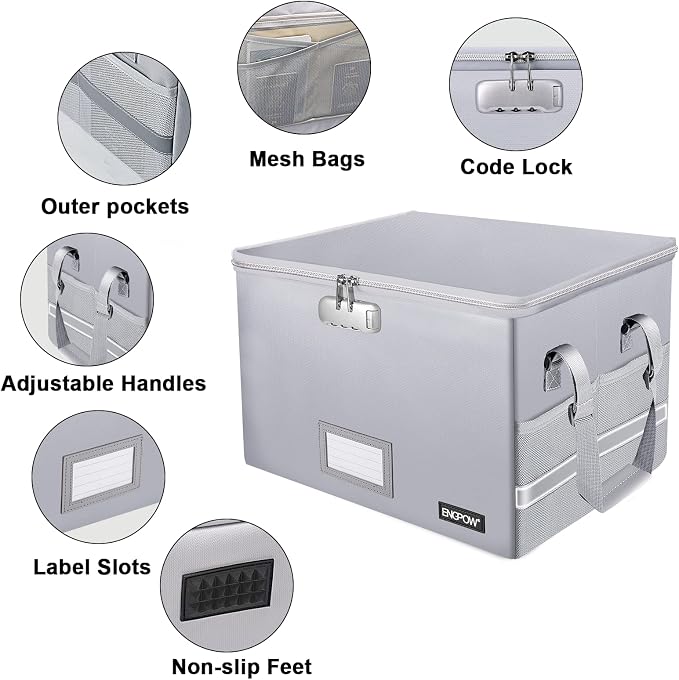 ENGPOW File Box with Lock, Fireproof Document Box with Pockets, Collapsible - Image 4
