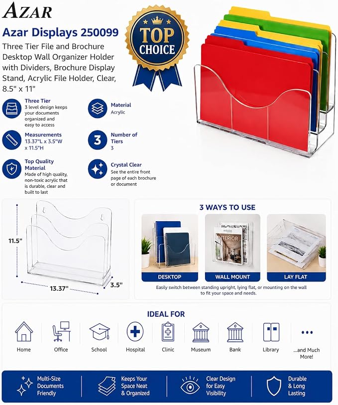 Azar Displays 250099-3PK Three Tier File and Brochure Desktop Wall Organizer - Image 4