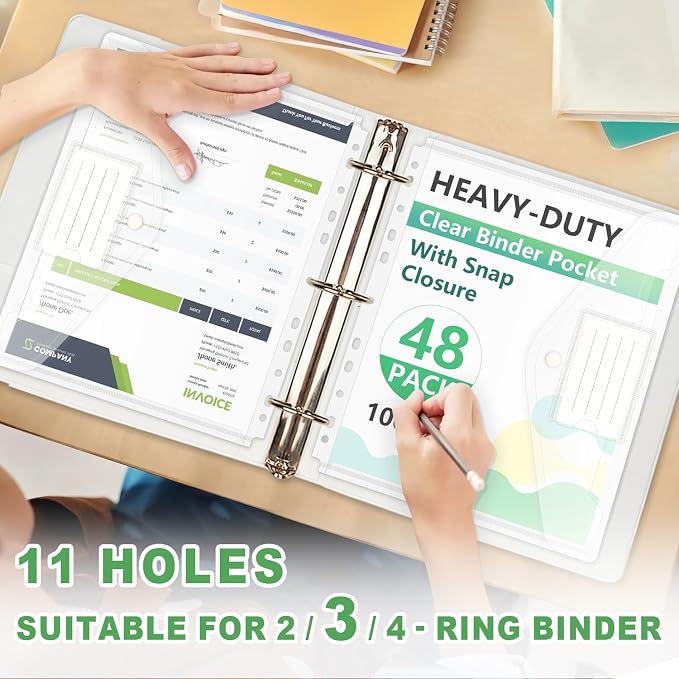 HOUYEE 48 Pack Clear Binder Pocket, 11 Holes Heavy-Duty Plastic Binder Pouch - Image 5