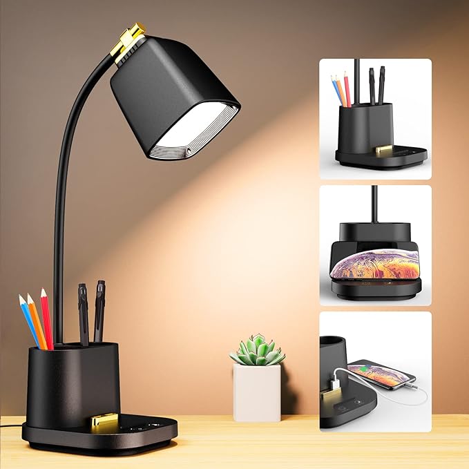 LED Desk Lamp with USB Charging Port Touch Control 3 Color Modes, Stepless by GONDSILY