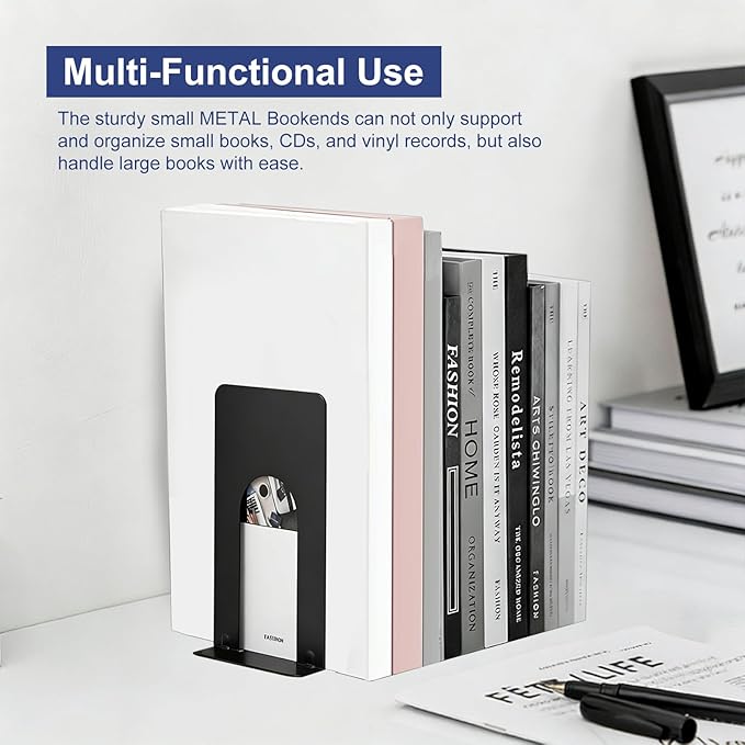 Book Ends for Shelves, 4 Pack Metal Bookends, Compact Book Stopper for Small - Image 3