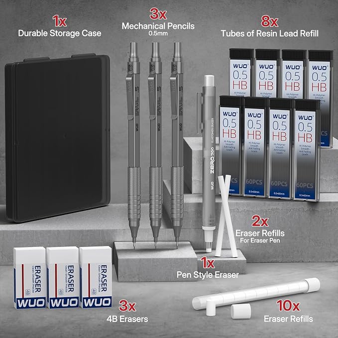 WUO 0.5mm Mechanical Pencil Set, 3 Grey Metal Drafting Pencils - Image 7