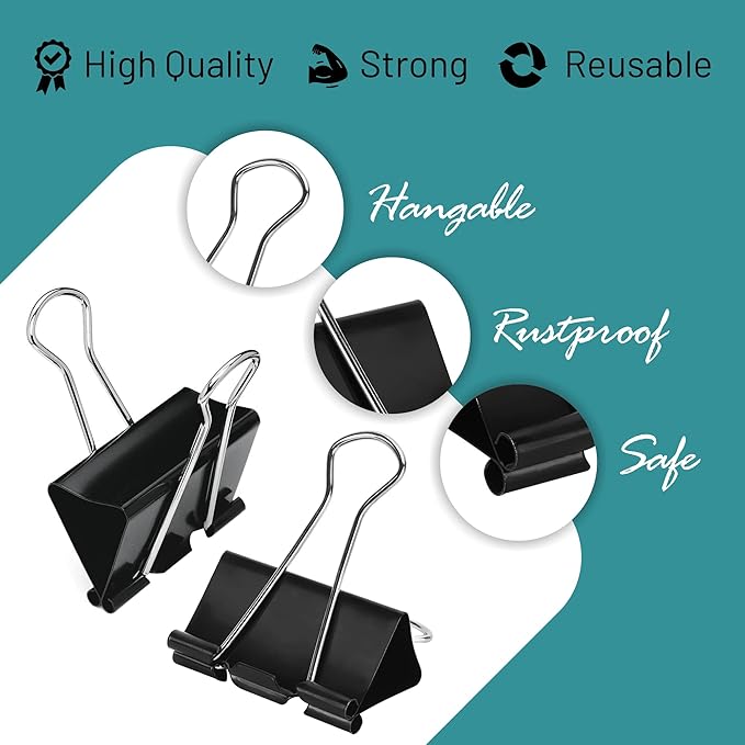 Binder Clips - 60 Medium Binder Clips, 1.25 Inch Black Paper Clamps, File Clip - Image 5