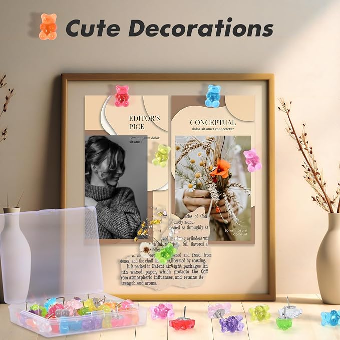 60Pcs Cute Bear Push Pins, 9 Colors Decorative Pushpins, Resin Bear Thumb Tacks - Image 7