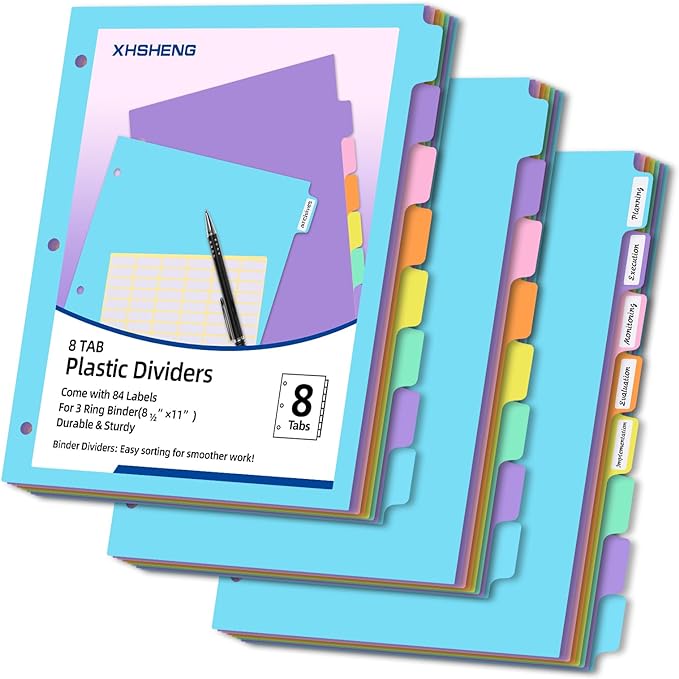 3 Ring Binder Dividers with TAB, 8 Tab 3 Hole Punch Dividers, Pastel Color by XHSHENGOFFICEPRODUCT
