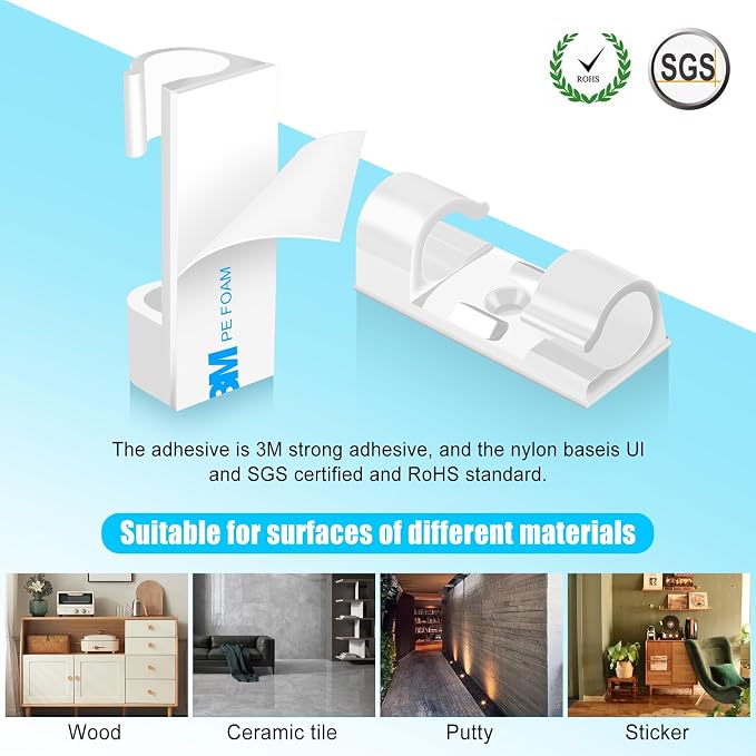 XHF 50pcs Medium Self Adhesive Cable Clips White, Wire Clips Cable Management - Image 2