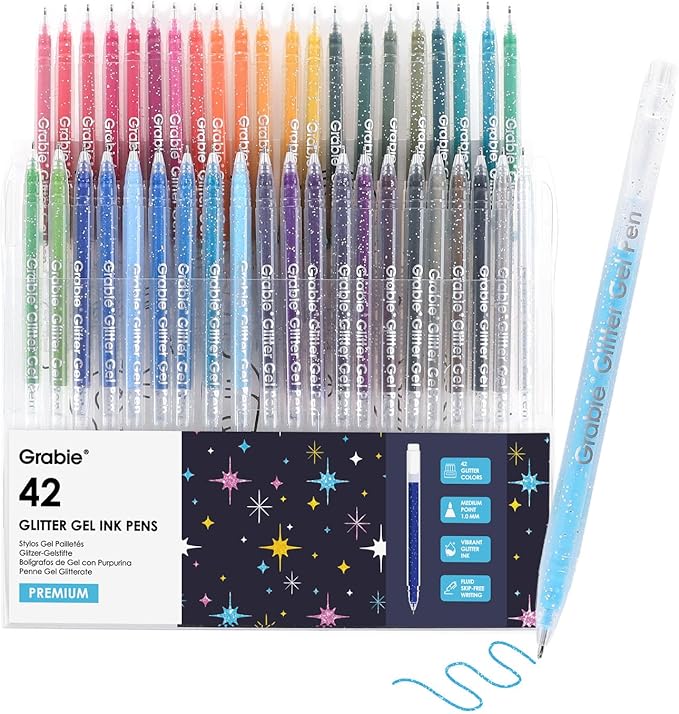 Grabie Set of 42 Glitter Gel Pens Set, 1.0mm Fine Tip Gel Pens by Grabie