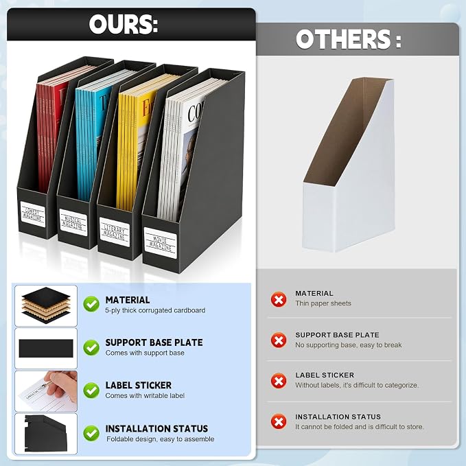 YOTINO Black Magazine Holder, 8 Pack Cardboard Magazine File Holders, Vertical - Image 4