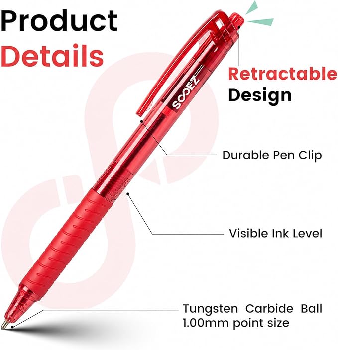 Sooez 12 Pack Bulk Pens Ballpoint, Retractable Red Ink Pens, Smooth Writing Pens - Image 4