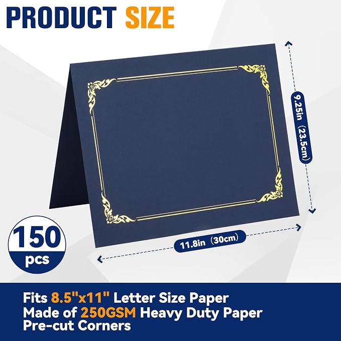 150 Packs Certificate Covers, 250gsm Navy Blue Diploma Holders - Image 2