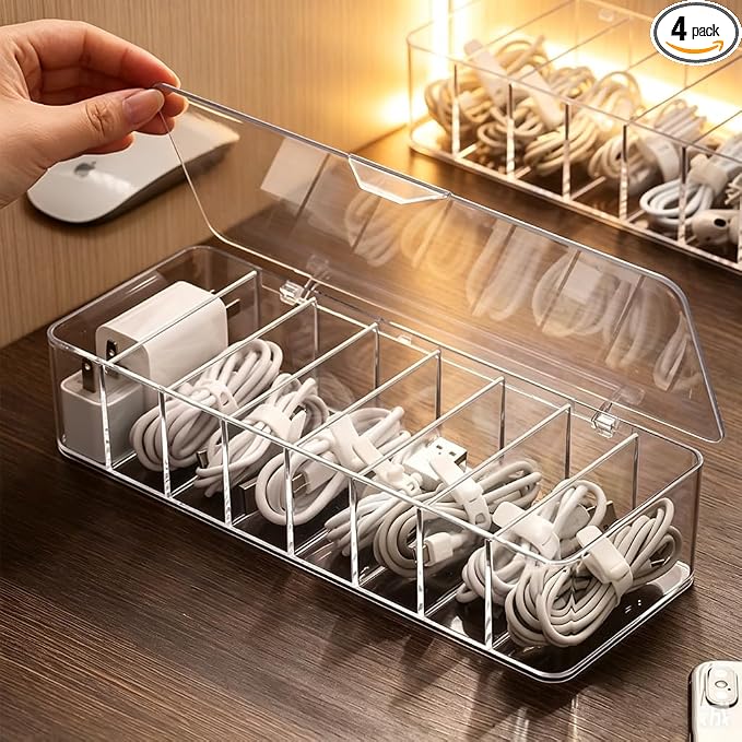 4Pcs cord organizer box with Lid, 10.2 x 3.5 x 2.2in, Desktop Cord Organizer by Moritic