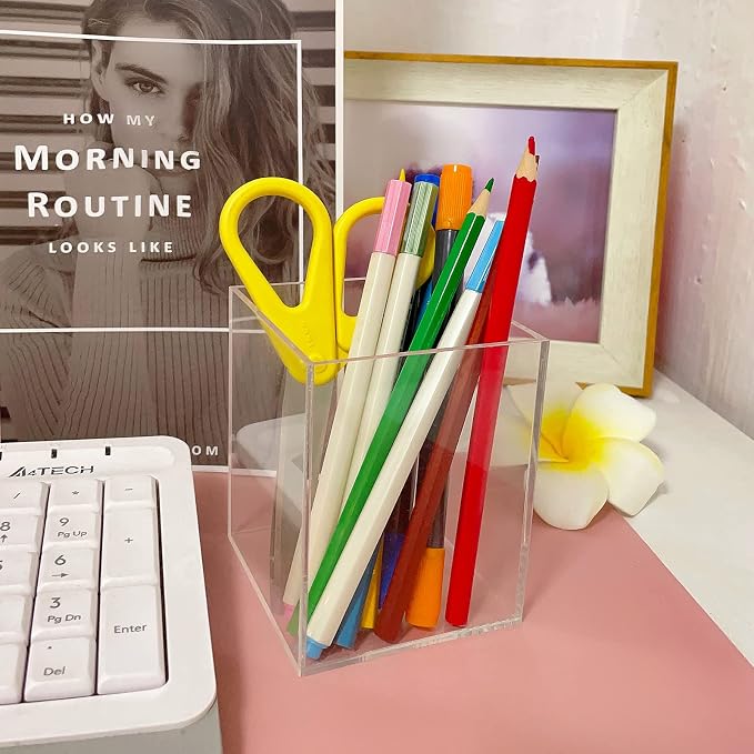 Mototo 2 Pieces Clear Acrylic Pen Holder & Pencil Cup Clear Makeup Bush Holder - Image 7
