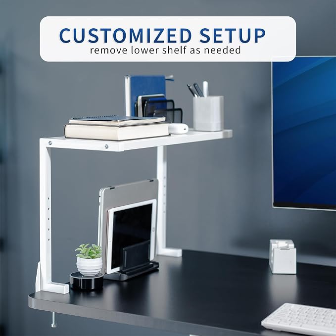 VIVO White Clamp-on 24 inch 2-Tier Desk Shelf, STAND-SHELF24C-W | Above or - Image 7