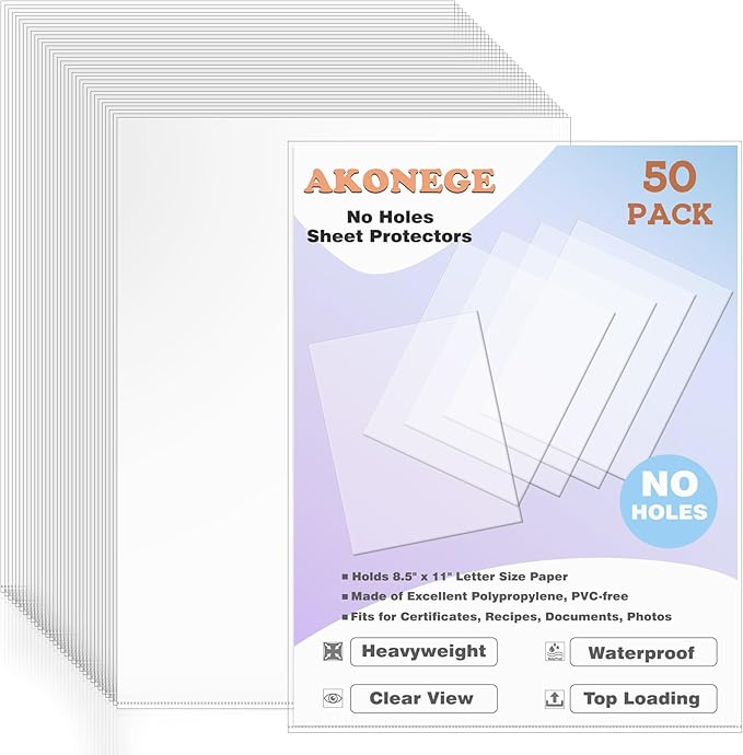 AKONEGE 50 Pack No Holes Sheet Protectors 8.5 x 11 Inch Letter Size Page by AKONEGE
