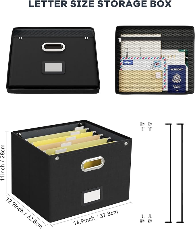 2 Pack File Organizer Box with Lid, Large Hanging Filing Box with Mesh Pocket - Image 2