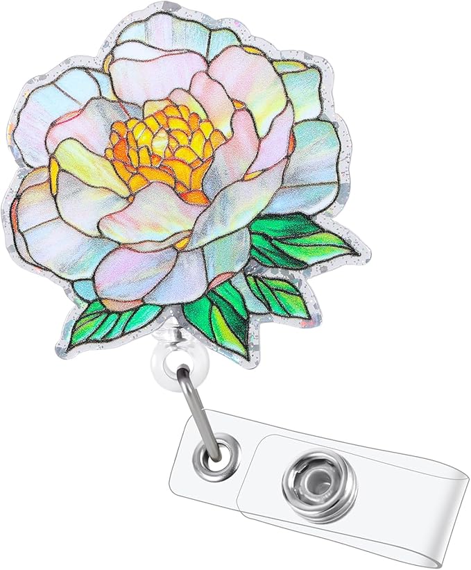 Funny Floral Nurse Badge Reel, Cute Peony Retractable ID Badge Holder, Name Tag by Unknown