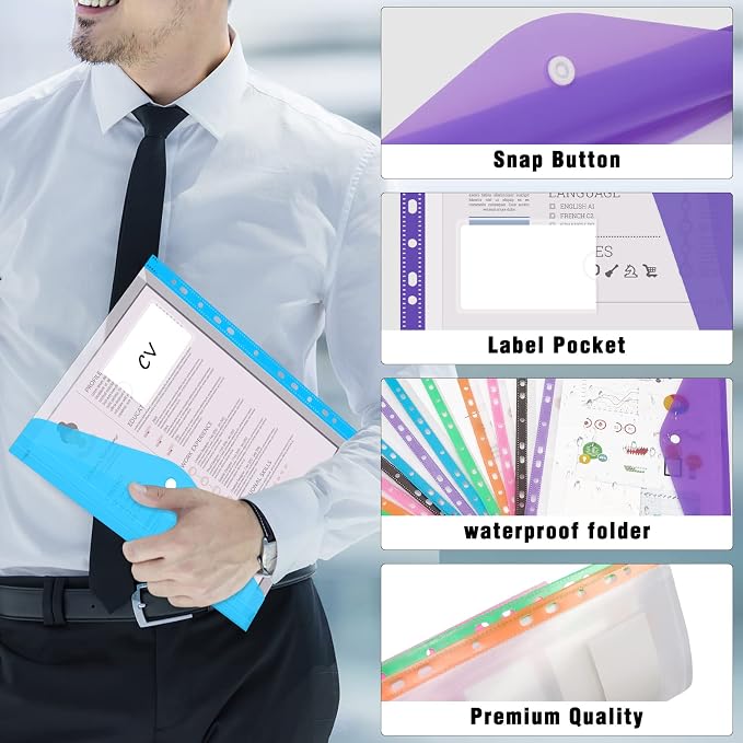 Colorlife Binder Pocket 12 Pack Plastic Envelopes Binder Folders 11 Holes - Image 3