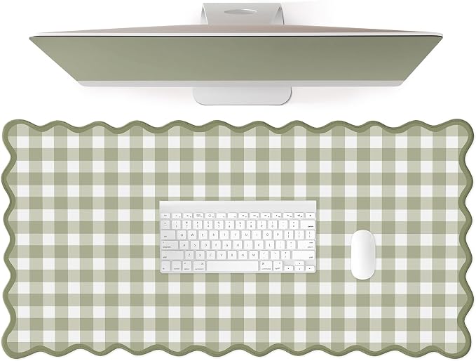 Scalloped‌ Green Checkered Desk Mat Cute Pastel Large Gaming Mouse Pad Gingham by Unknown