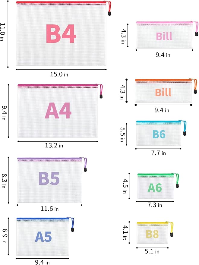 JARLINK 18 Pack 8 Sizes Mesh Pouch, 9 Colors, Waterproof Zipper Bags Document - Image 2