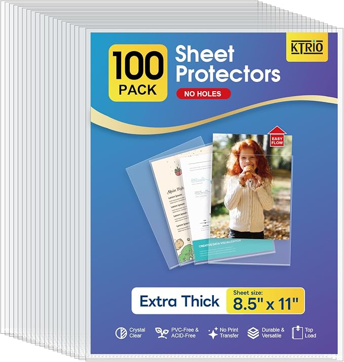 KTRIO No Holes Sheet Protectors 8.5 x 11, 100 Pack Heavy Duty Paper Sleeves | by KTRIO