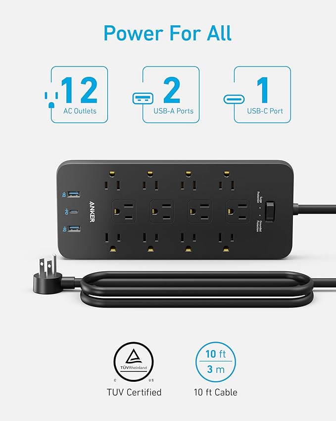 Anker Power Strip with 3 USB Ports, Surge Protector, 12 Outlets, 2 USB-A Ports - Image 6