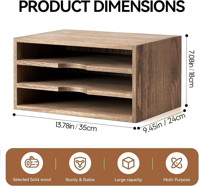 KIRIGEN Wooden Desktop Organizer, 3 Tier Solid Wood Letter Tray and Paper File - Image 3