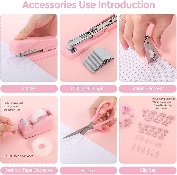 SKYDUE Pink Office Desk Accessories, Tape Dispenser, Clips and 1000pcs Staples - Image 2
