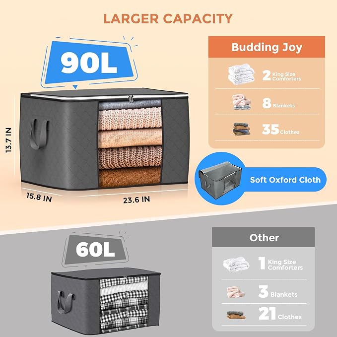 Large Storage Bags, 4 Pack Clothes Storage Bins Foldable Closet Organizers - Image 2